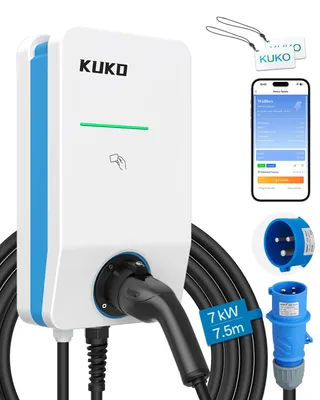 Image de Chargeur de véhicule électrique de type 2 - Borne de recharge murale - Puissance 7 kW - Courant 32A, monophasé - Prise CEE - Câble de 7,5 m - Contrôle via application, Wi-Fi et Bluetooth - Protection IP55 - Compatible OCPP 1.6