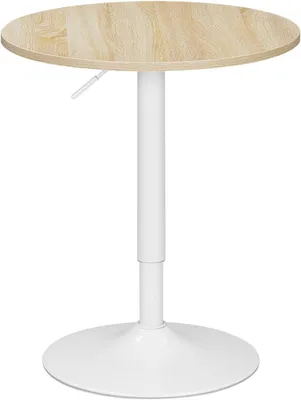 A round, light brown wooden table with a white adjustable pedestal base is shown against a white background.