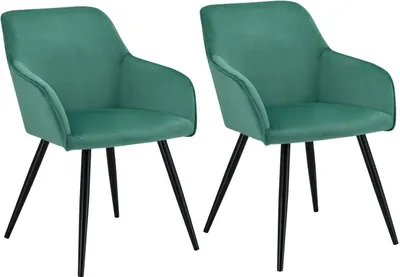 Produktbild von Juskys Esszimmerstühle 2er Set Tarje mit Rückenlehne & Armlehne, Metallbeine, Samt Bezug, bis 110 kg belastbar, 2 Stühle Esszimmer Küche Küchenstühle - grün