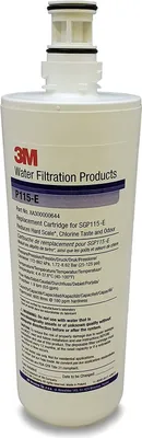 A white water filter cartridge with text and a logo.