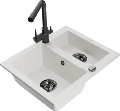 Produktbild von Mexen Carlos 1,5-Becken-Granitspüle mit Mischbatterie Duero, Weiß - 6518-20-671600-70