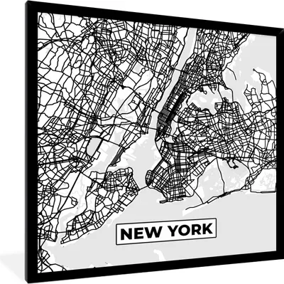 Produktbild von MuchoWow® Gerahmtes Poster Stadtplan - Karte von New York - Schwarz und Weiß 40x40 cm - Poster mit Schwarzem Bilderrahmen Wandposter Rahmen Foto Bilder - Mit Rahmen - Wanddekoration Schlafzimmer