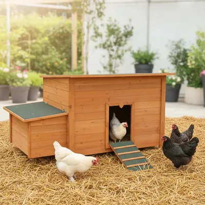 A wooden chicken coop with several chickens in a garden setting.