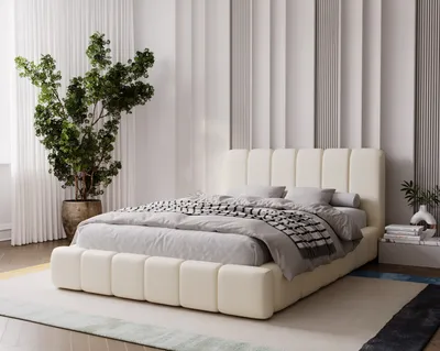 Zdjęcie produktu dla ADIDAR Stylowe łóżko tapicerowane Teodore 200x200 cm - z metalową ramą, podstawą łóżka i stelażem z listew - Wysoki komfort - Kremowy (Amor Velvet 4323)