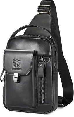 Produktbild von Umhängetasche aus echtem Leder, Schulter-Brusttasche, Outdoor-Reise-Camping-Rucksack, tragbare Tablet-Handytasche, schwarz