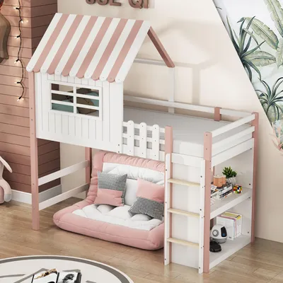 Image de OKWISH Lit pour enfants 90×200 cm avec échelle de sécurité, étagère et sommier, rose