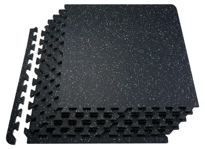 Produktbild von VEVOR 0,56 Zoll dicke Gymnastikbodenmatten, 12 Platten mit Gummioberfläche und EVA-Schaum, 25" x 25" Gymnastikbodenmatten mit 48 Quadratfuß Abdeckung, ineinandergreifende Puzzle-Gymnastikmatten für Fitnessstudio, Zuhause, Garage, Schwarz & Weiß, 6 Stück, Schwarz mit weißen Punkten-a