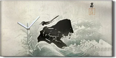 Produktbild von Dekor Leinwand Uhr Wandbild 60x30 Malerei Asiatische Wasser Wellen Vogel Felsen - weiße Hände