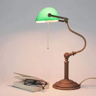 Produktbild von Bankerlampe Messing Glas Zugschalter verstellbar E14 Schreibtischlampe Tischleuchte
