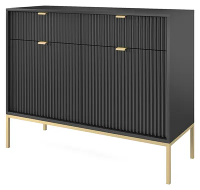 Produktbild von Möbae Lumina KSZ104 Kommode Schwarz 104 cm – Sideboard modern, 2 Schubladen, 2 Türen, Stauraum, goldene Beine
