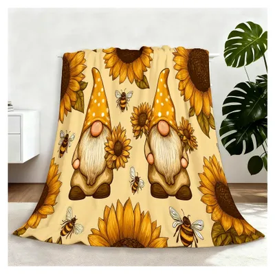 Produktbild von Kuscheldecke Flanell Decke Überwurf - Cartoon Sonnenblume Gnom Biene Druck Wohndecke Weiche Fleecedecke als Sofadecke Couchdecke Sofaüberwurf Bettüberwurf Tagesdecke (180×200 cm, Gelb Braunes)