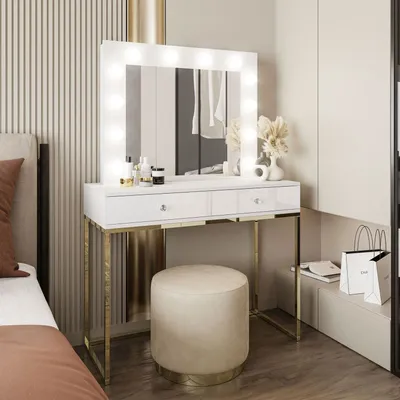 Produktbild von Schminktisch BLANCO mit Spiegel und Beleuchtung goldchrom weiß Hochglanz mit Griffen
