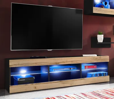 Produktbild von Komodee | Wohnwand mit TV-Schrank und Vitrine Tivoli Set Medio, Korpus Schwarz Matt Frontfarbe Wotan Matt, LED Blau