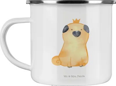 Produktbild von Mr. & Mrs. Panda Emaille Tasse Mops Krone - Weiß - Geschenk, Hund, Lustig, blechbecher, Pott, Allergisch, Sprüche, Königlich, Motivtasse, becher, Teetasse