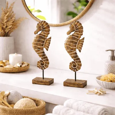 Produktbild von Dekofigur Seepferdchen 2er Set Figur Tischdeko Holz Maritime Deko Mangoholz