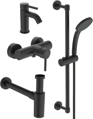 Produktbild von Ideal Standard Armaturen-Paket Ceraline BD371XG Schwarz (Enthält Waschtischarmatur, Brausearmatur Aufputz, Brausekombination, Flaschensiphon)
