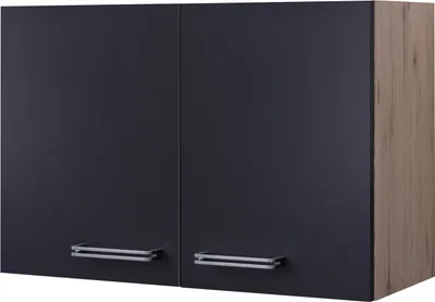 A two-door wall cabinet with dark gray doors and a wood-grain side panel.