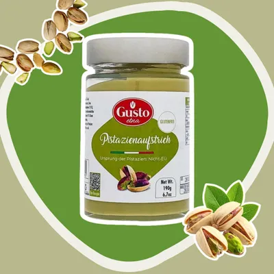 Produktbild von Gusto Pistaziensaufstrich – Cremiger Pistazien-Aufstrich im Glas (190g)+Heartforcards Versandschutz