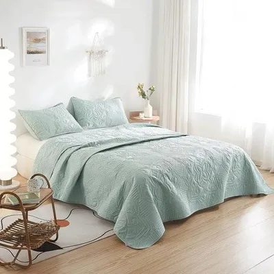 Produktbild von Tagesdecke, Bettüberwurf 240 x 260 cm, Mintgrün, Mikrofaser-Tagesdecken, Bettbezug, leicht, ultraschallgenäht mit 2 Kissenbezügen, Blumenmuster