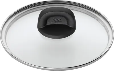 A close-up, top-down view of a glass pot lid with a black handle.