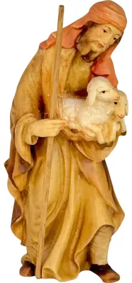 Hirte mit Stock und zwei Schafen, 8 cm, handbemaltes Holz