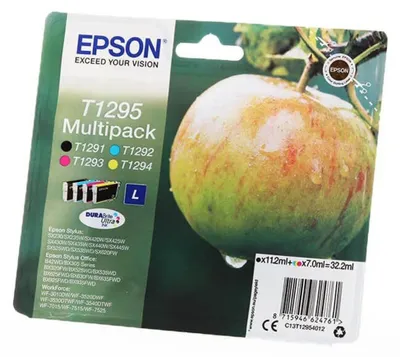 Zdjęcie produktu dla Epson Apple Atrament T1295 Jabłko DURABrite Ultra, opakowanie zbiorcze Multipack, cztery kolory, Low Yield, Czarny, Cyjan, Purpurowy, Żółty, 11,2 ml, 7 ml, 1 szt., Multipak