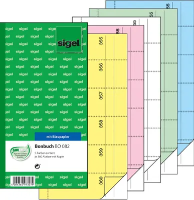 Obrázok produktu pre sigel formulár kniha "účtenky", 105 x 200 mm, rôzne farby 360 odtrhávacích listov, s modrým papierom, 2 x 60 listov, rôzne farby - 5 kusov (BO082)