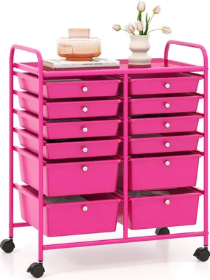 Produktbild von GOPLUS Rollwagen Schubladenwagen, Rollcontainer mit 12 stapelbaren Schubladen, Haushaltwagen auf Rollen mit Bremsen, Badtrolley Badregal (Rosa)