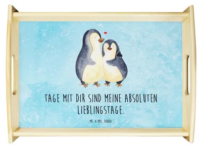 Produktbild von Mr. & Mrs. Panda Servier Tablett Pinguin umarmen - Eisblau - Geschenk, holz serviertablett, Liebe, Hochzeit, Tee, Holztablett, Hochzeitstag