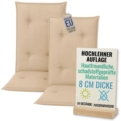 Produktbild von Pillows24 - 2x Hochlehner Auflagen 120x50x8 cm | Gesteppte Wetterfeste Gartenstuhlauflagen | Sitzkissen für Gartenmöbel |   EU | Cappuccino