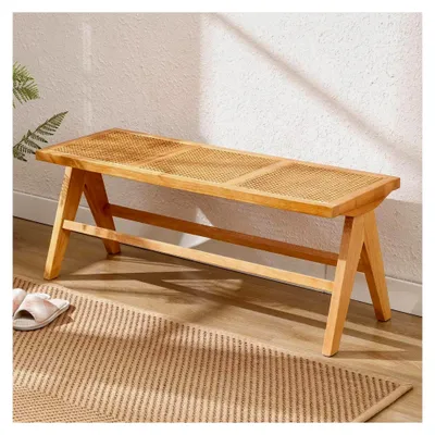 Produktbild von Esstischbank aus Rattan mit Massivholzbeinen, atmungsaktive Sitzbank für Esszimmer, Balkon und Flur, Gelb