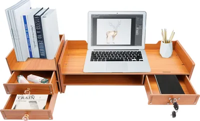 Produktbild von Monitorständer Bildschirmständer Holz mit Schubladen+Schloss 65,5cm braun