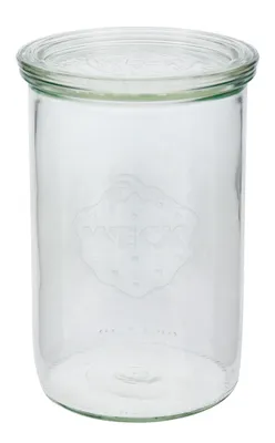 A clear glass jar with a lid, on a white background.