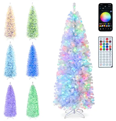 Produktbild von COSTWAY 225 cm Künstlicher Weihnachtsbaum schmal mit 989 PVC-Spitzen, Tannenbaum mit 380 LEDs, Metallständer & Klappsystem, Christbaum weiß