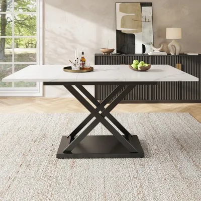 Zdjęcie produktu dla Wysuwany stół teleskopowy 120-160 x 80 cm z żelaznymi nogami - wygląd białego marmuru