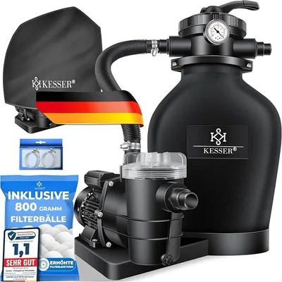 Produktbild von Sandfilteranlage für Pool bis zu 60.000L, 10.200 L/h, 400W Pumpe, 20L Tank, 7-Wege-Ventil mit Druckanzeige mit 800g Filterbälle, Poolfilter 10 m?/h mit Adapter ?32–38mm & Wettercover, Schwarz