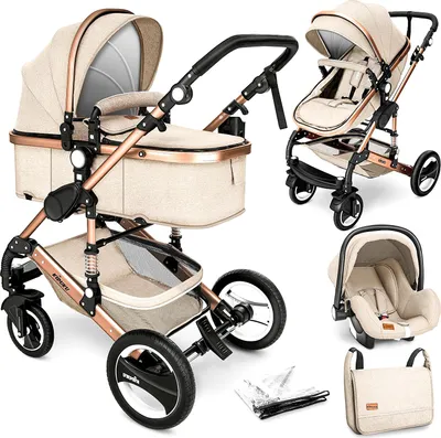 A collage of a baby stroller set, including a bassinet, a seat, a car seat, and accessories, presented on a white background.