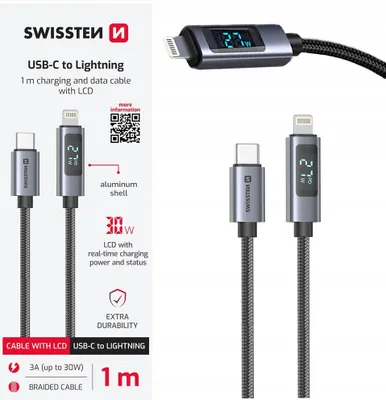 Zdjęcie produktu dla SWISSTEN Kabel do ładowania z wyświetlaczem LCD USB-C / Lightning 1m 30W PD