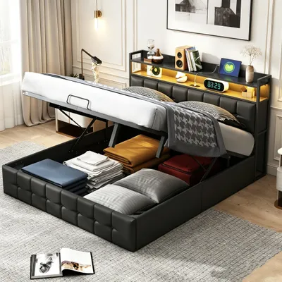 Image de INONEFT : Lits à lattes 160 x 200 cm avec ports USB et prises, lit rembourré avec espace de rangement, lit pour adolescents avec éclairage LED, revêtement en similicuir, couleur noire