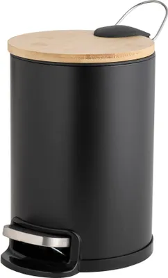 A black pedal bin with a bamboo lid and silver pedal.