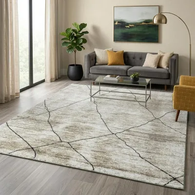 Produktbild von Design Teppich Beige Linienmuster elegant modern Wohnbereich stilvoll Größe - 120 x 170 cm