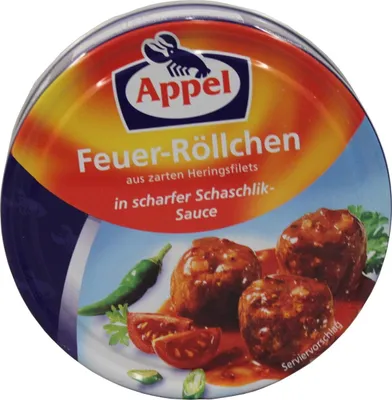 Produktbild von Appel Feuer Röllchen Heringsfilets in scharfer Schaschlik Sauce 200g