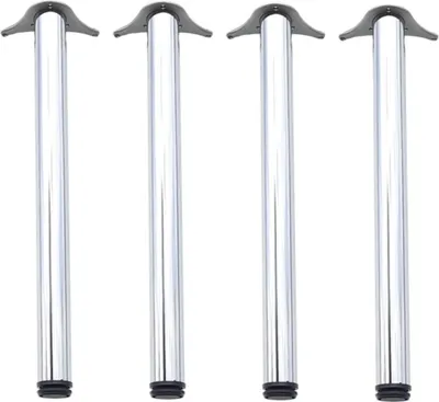 Four polished chrome table legs with gray mounting plates and black feet are arranged in a row against a white background.