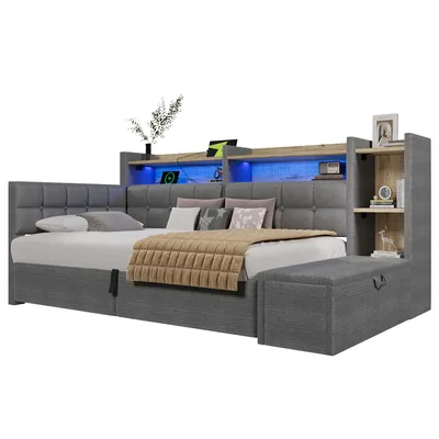 Produktbild von Stauraumbett mit LED-Beleuchtung, Aufbewahrung, Lattenrost, Regal und USB/Type-C Anschlüssen, 90x200 cm, Schlafsofa, Tagesbett, Jugendbett, Samt