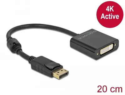 Produktbild von DeLOCK Adapter DisplayPort 1.2 Stecker zu DVI Buchse 4K Aktiv schwarz, 0,2 m, DisplayPort, DVI, Männlich, Weiblich, Gerade