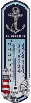 Produktbild von LANOLU Heimathafen Thermometer, maritime Anker Deko für Garten und Küche - Einweihungsgeschenk Wohnung Zuhause Schild Geschenk Einzug - vintage Metallschild 8x28cm