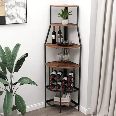 Produktbild von PolkaHome® Industrielles Weinregal mit 5 Ebenen, Glashalter, für Küche Bar Keller, Vintage Braun Schwarz, 36x36x171 cm