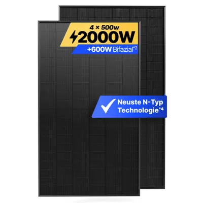 Produktbild von Solakon® Solarpanel 500W Bifazial Glas-Glas N-Type – Solarmodul Full Black 40V für Balkonkraftwerk / Photovoltaikanlage (4 Stück)