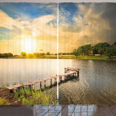 Produktbild von ARANDE Natur Gardine, Hölzernes Plattform auf dem See umgeben durch Laub-Grün-Abend-Himmel-ruhige Landschaft, 280 x 175 cm, Mehrfarbig