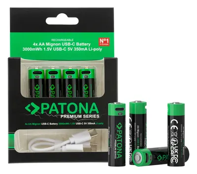 A product package containing four AA batteries and a USB-C charging cable, with some batteries displayed outside the package.